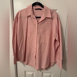 ZARA Women’s Coral & White Striped Button-Down Shirt: Large